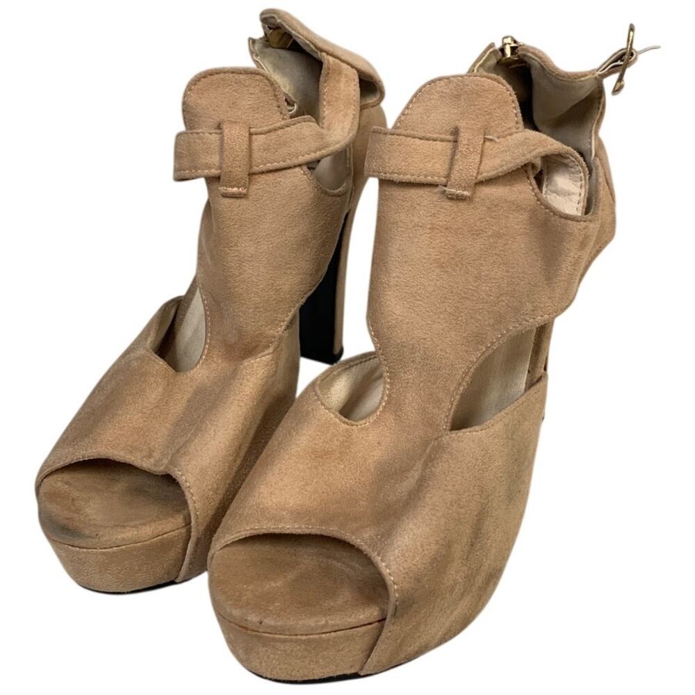 Fereshte Womens Size 9.5 Beige 4.75" Heel Suede Round Peep Toe Back Zip Shoes